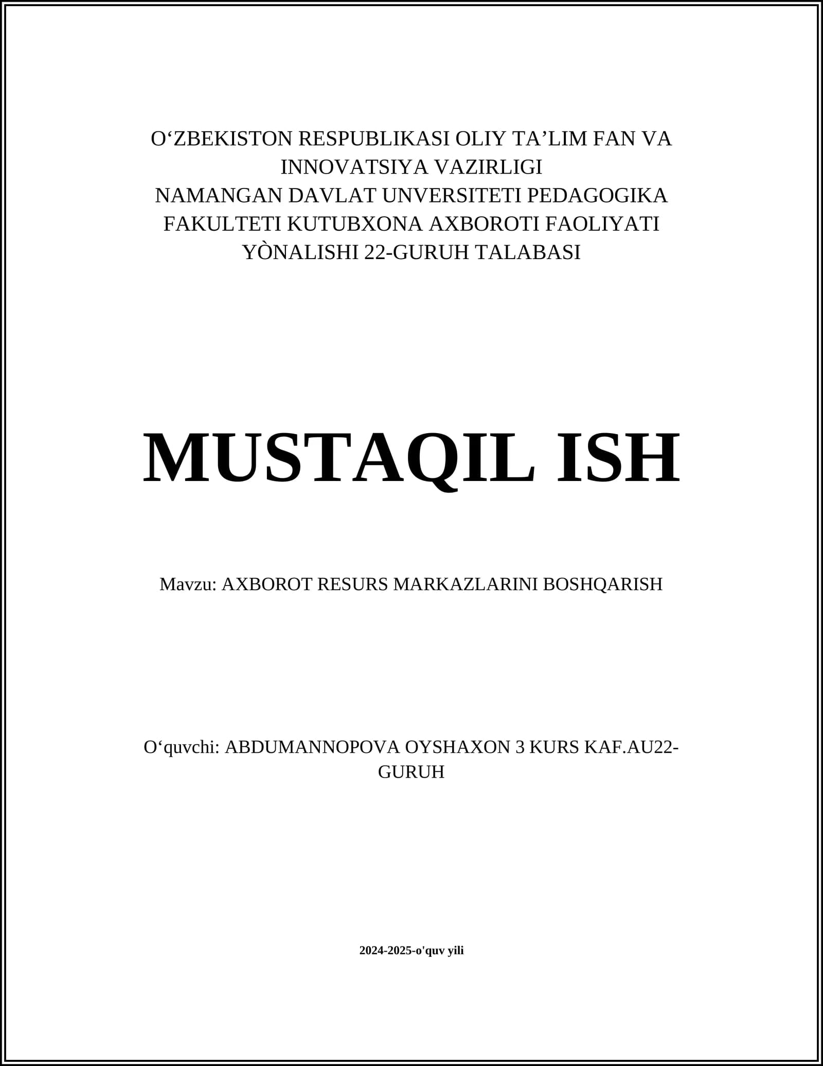 AXBOROT RESURS MARKAZLARINI BOSHQARISH
