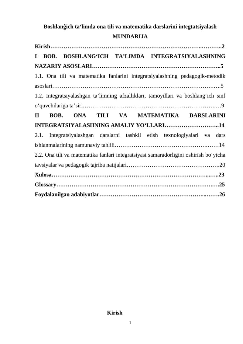 Boshlanģich ta‘limda ona tili va matematika darslarini integtatsiyalash
