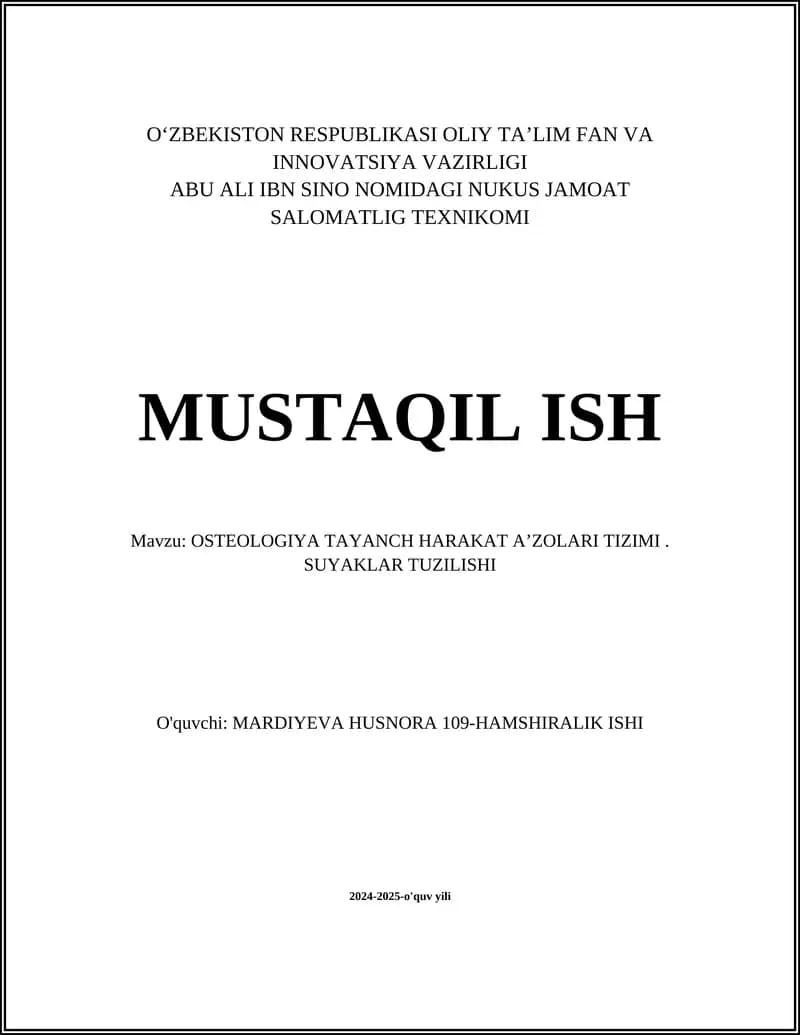 OSTEOLOGIYA TAYANCH HARAKAT AʼZOLARI TIZIMI