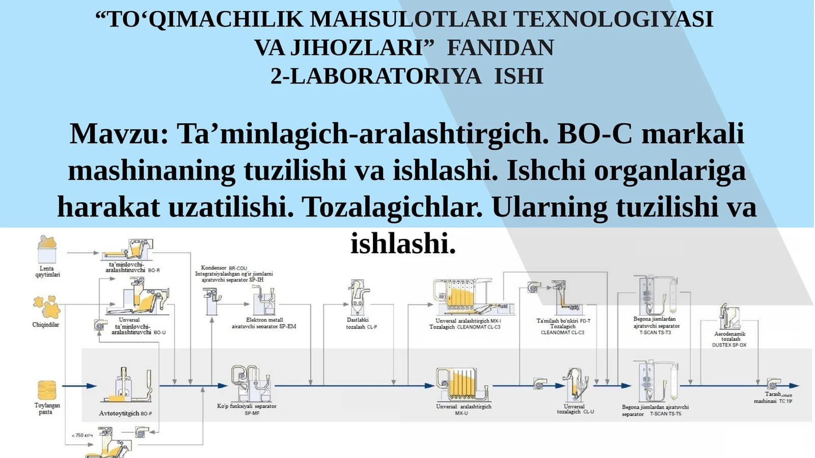 Ta’minlagich-aralashtirgich. BO-C markali mashinaning tuzilishi va ishlashi. Ishchi organlariga harakat uzatilishi. Tozalagichlar. Ularning tuzilishi va ishlashi.