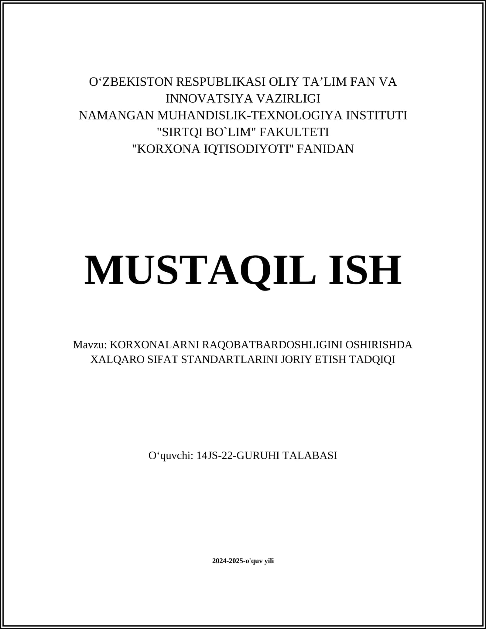 KORXONA IQTISODIYOTI MUSTAQIL ISH