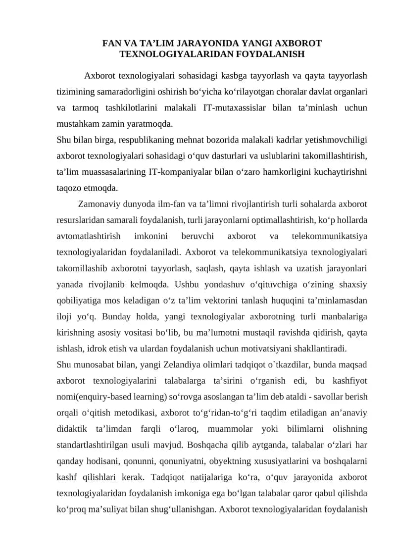 Fan va ta’lim jarayonida yangi axborot texnologiyalaridan foydalanish