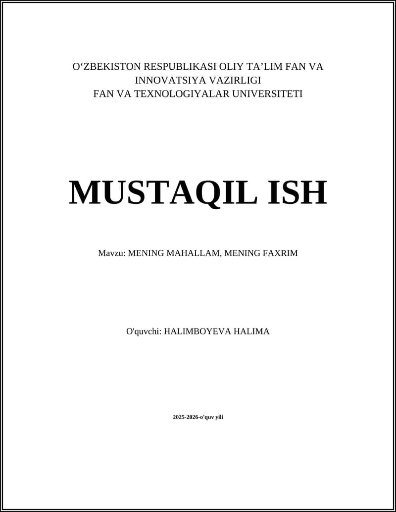MENING MAHALLAM, MENING FAXRIM