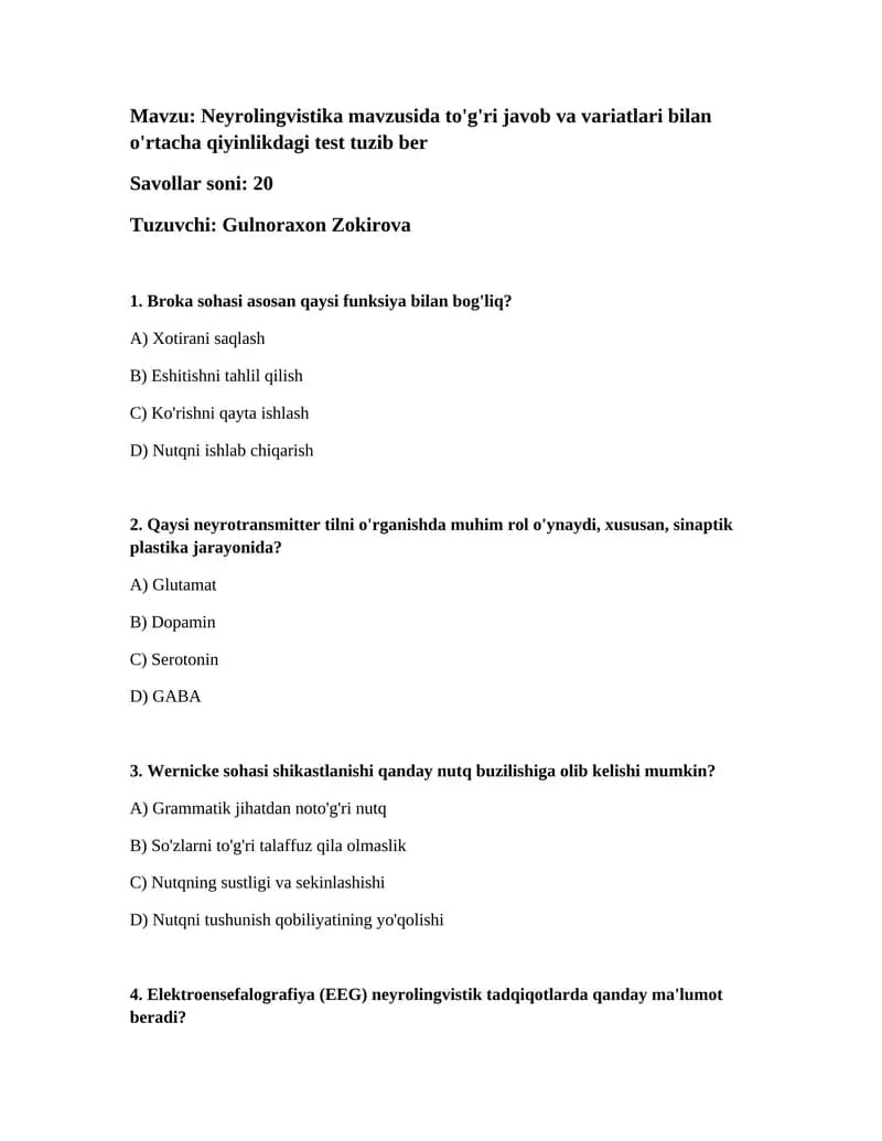 Neyrolingvistika test javoblari