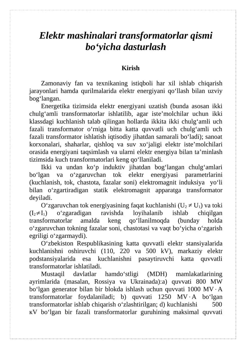 Elektr mashinalari transformatorlar bo'yicha dasturlash