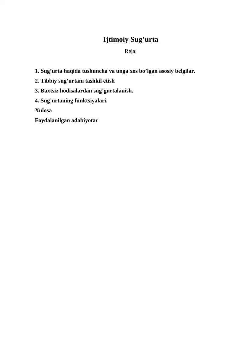Sug'urta haqida tushuncha va unga xos bo’lgan asosiy belgilar