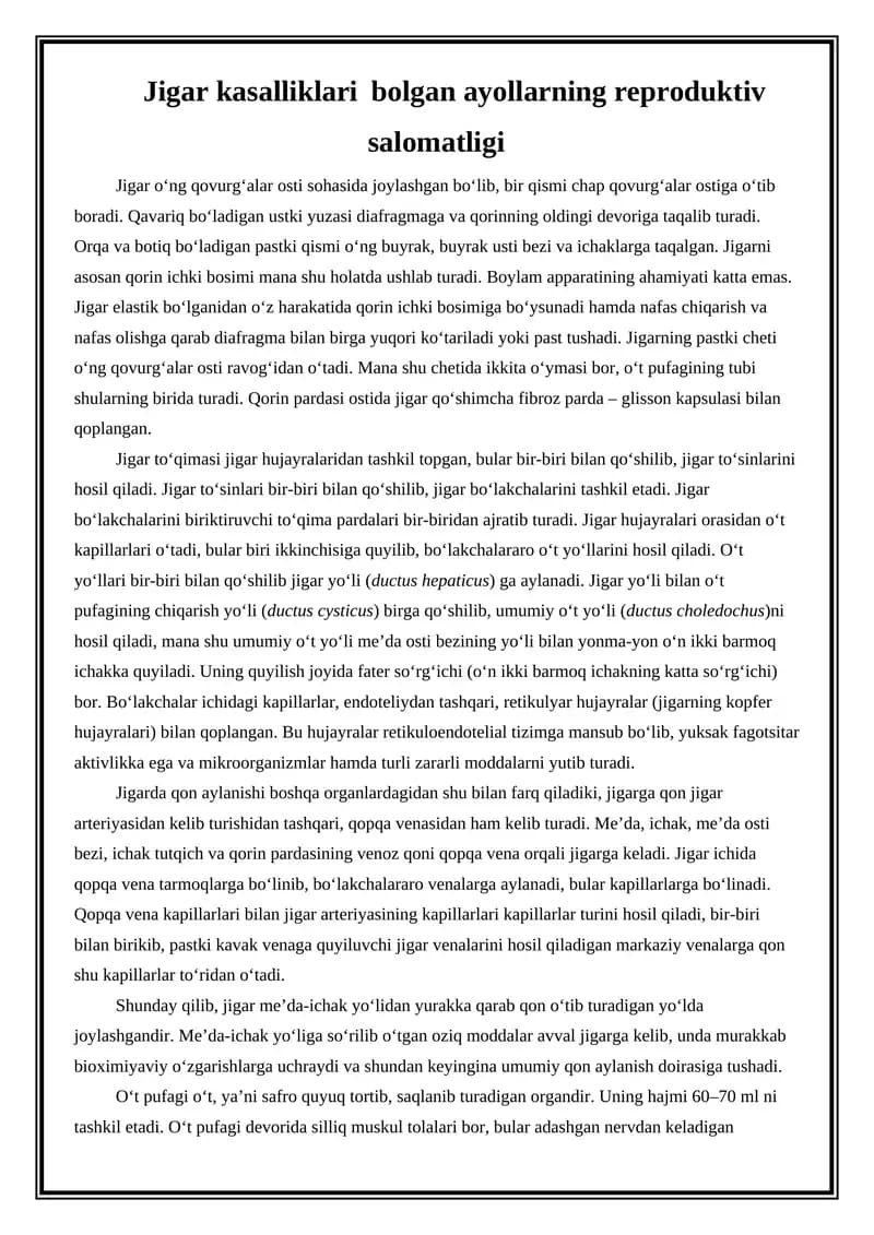 Jigar kasalliklari bolgan ayollarning reproduktiv salomatligi