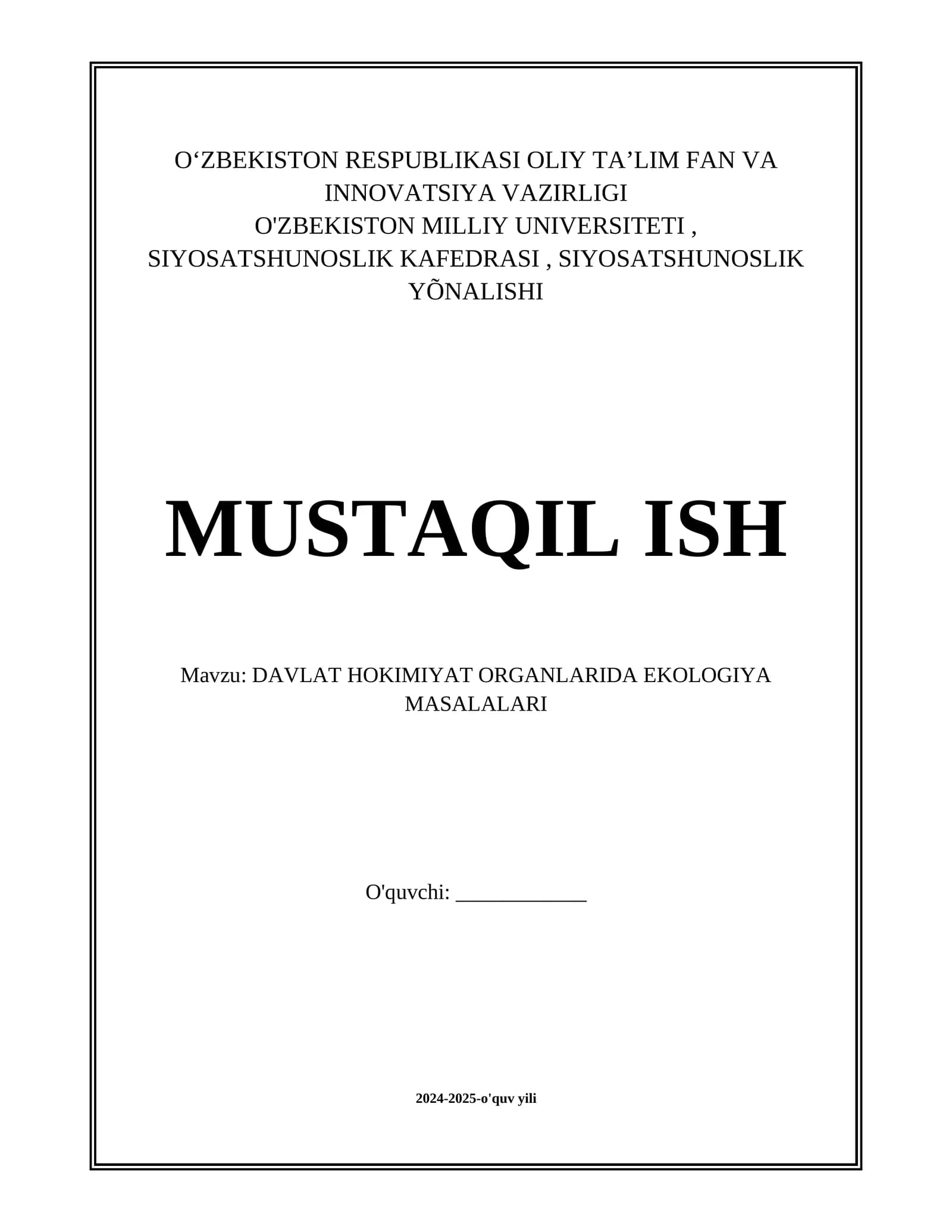 DAVLAT HOKIMIYAT ORGANLARIDA EKOLOGIYA MASALALARI