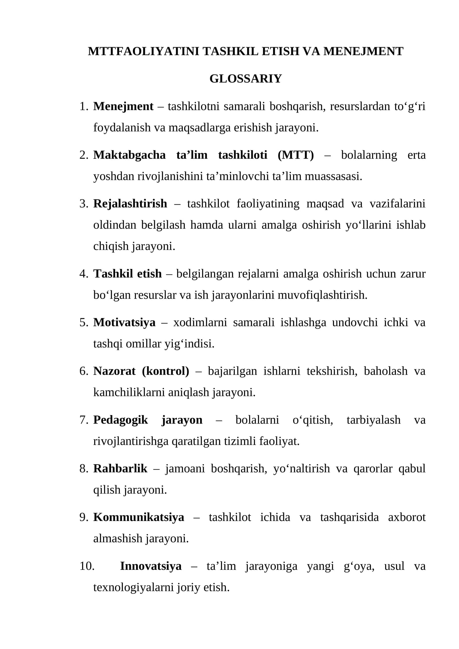 MTTFAOLIYATINI TASHKIL ETISH VA MENEJMENT