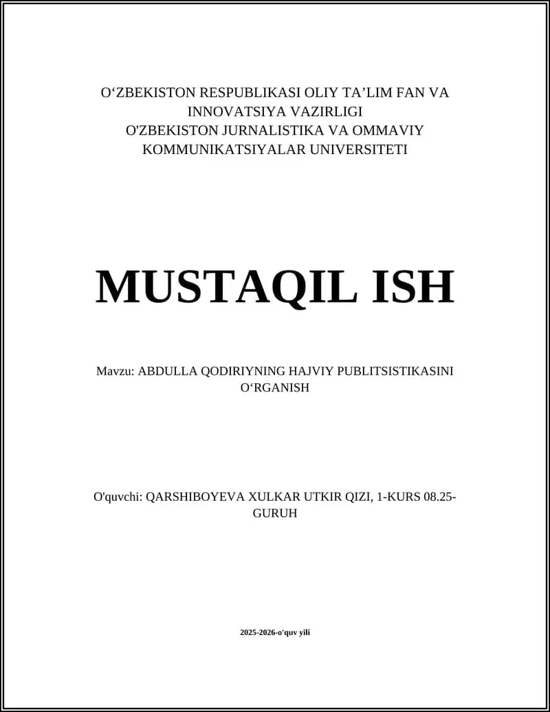 ABDULLA QODIRIYNING HAJVIY PUBLITSISTIKASINI O‘RGANISH