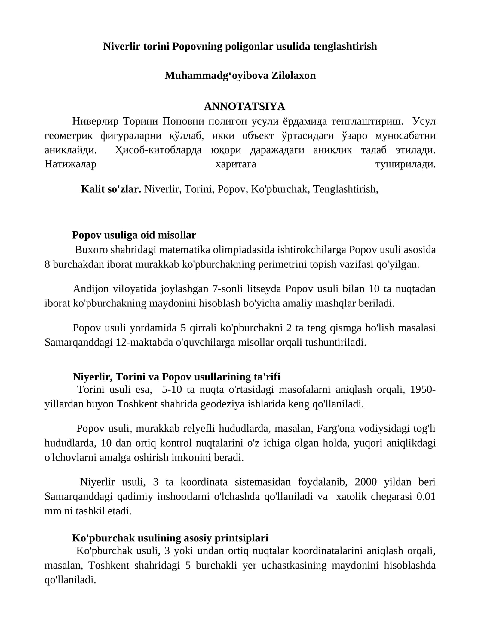 Niverlir torini Popovning poligonlar usulida tenglashtirish