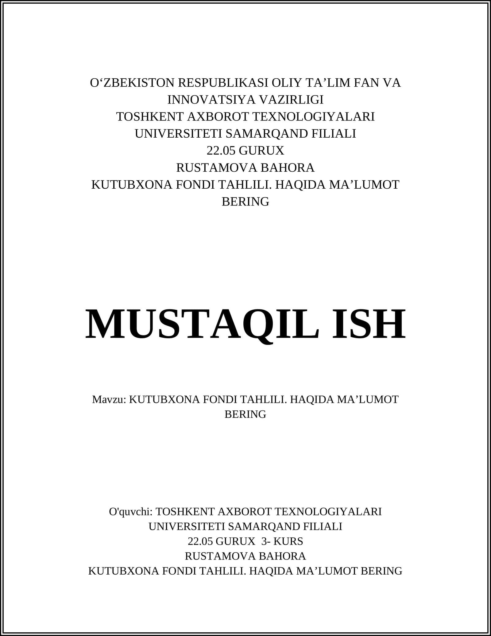 KUTUBXONA FONDI TAHLILI