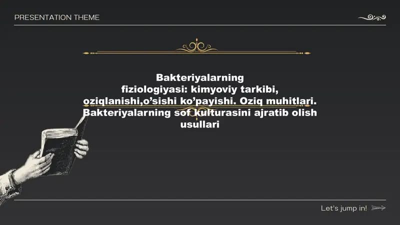 Bakteriyalarningfiziologiyasi kimyoviy tarkibi, oziqlanishi,o’sishi ko’payishi. Oziq muhitlari. Bakteriyalarning sof kulturasini ajratib olish usullari
