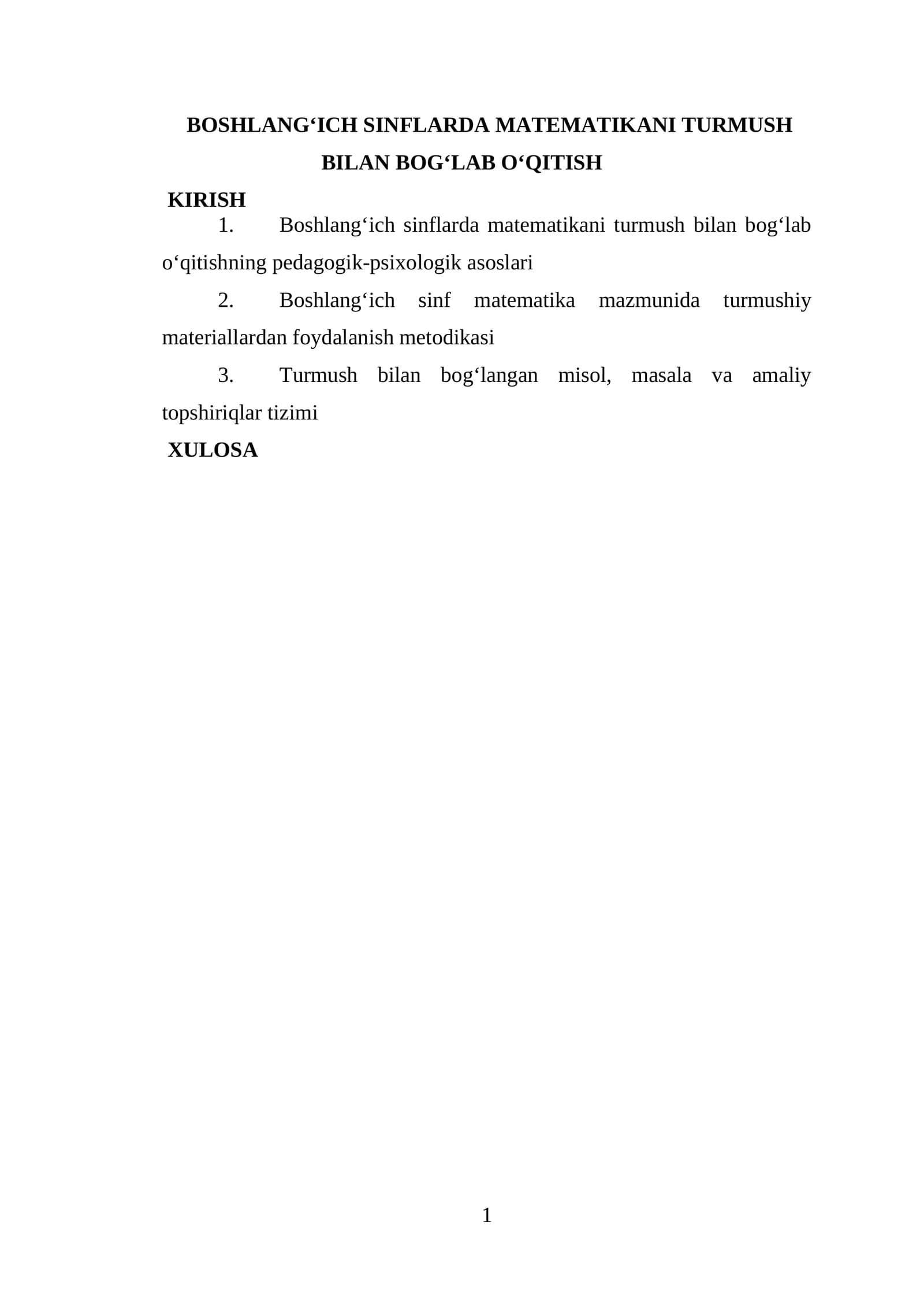 BOSHLANG‘ICH SINFLARDA MATEMATIKANI TURMUSH BILAN BOG‘LAB O‘QITISH