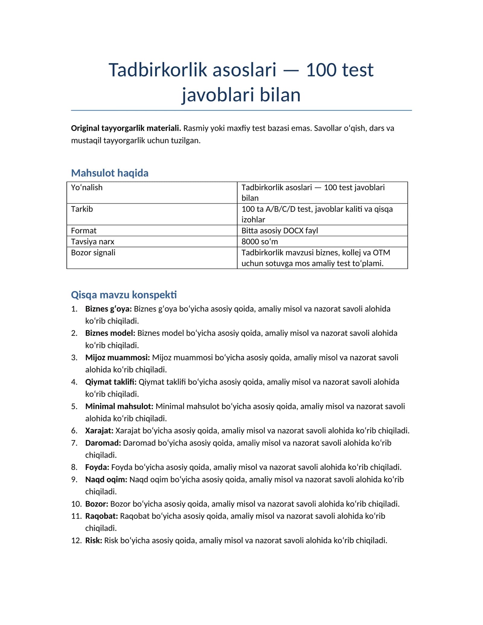 Tadbirkorlik asoslari — 100 test javoblari bilan