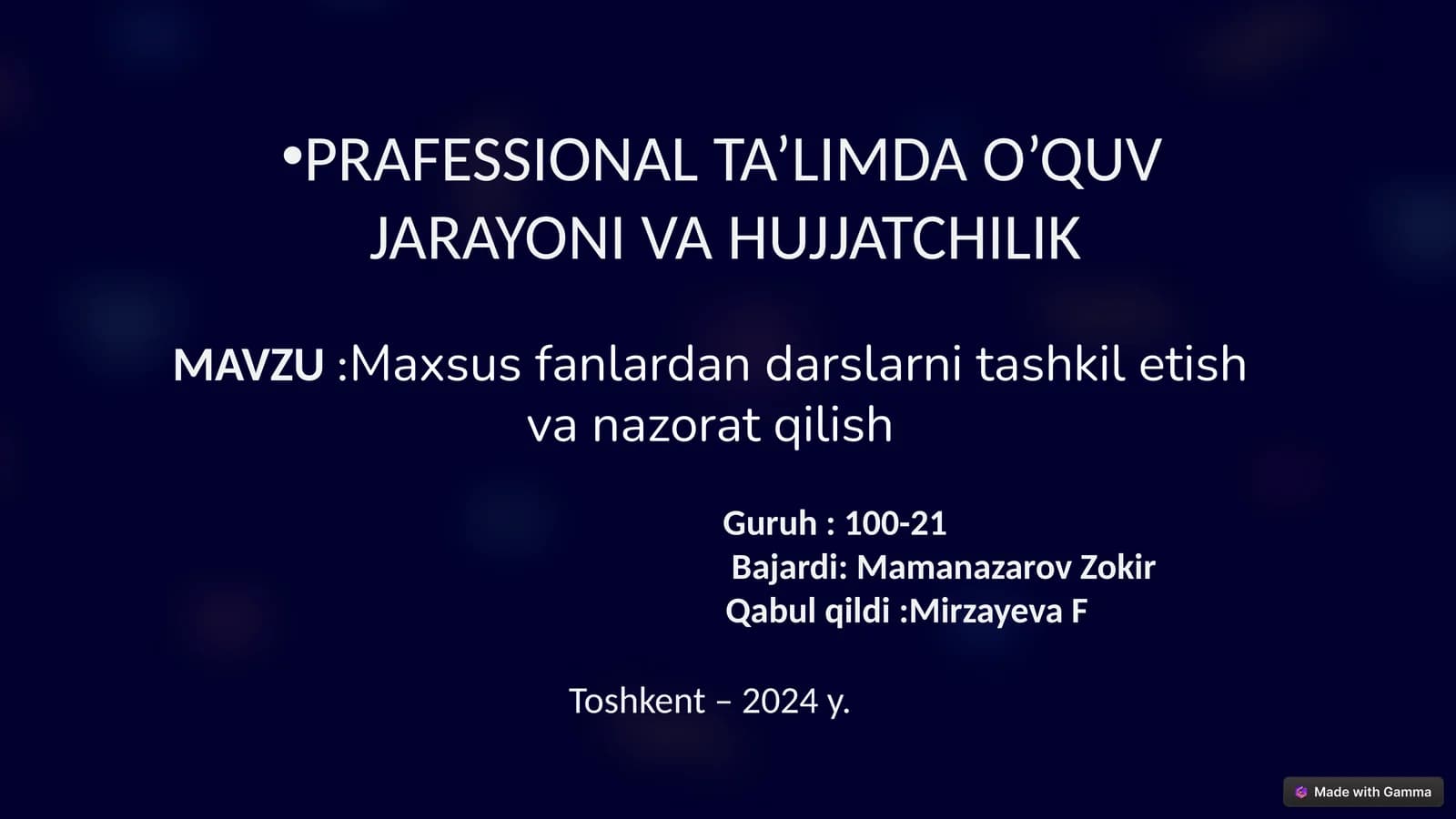Maxsus fanlardan darslarni tashkil etish va nazorat qilish
