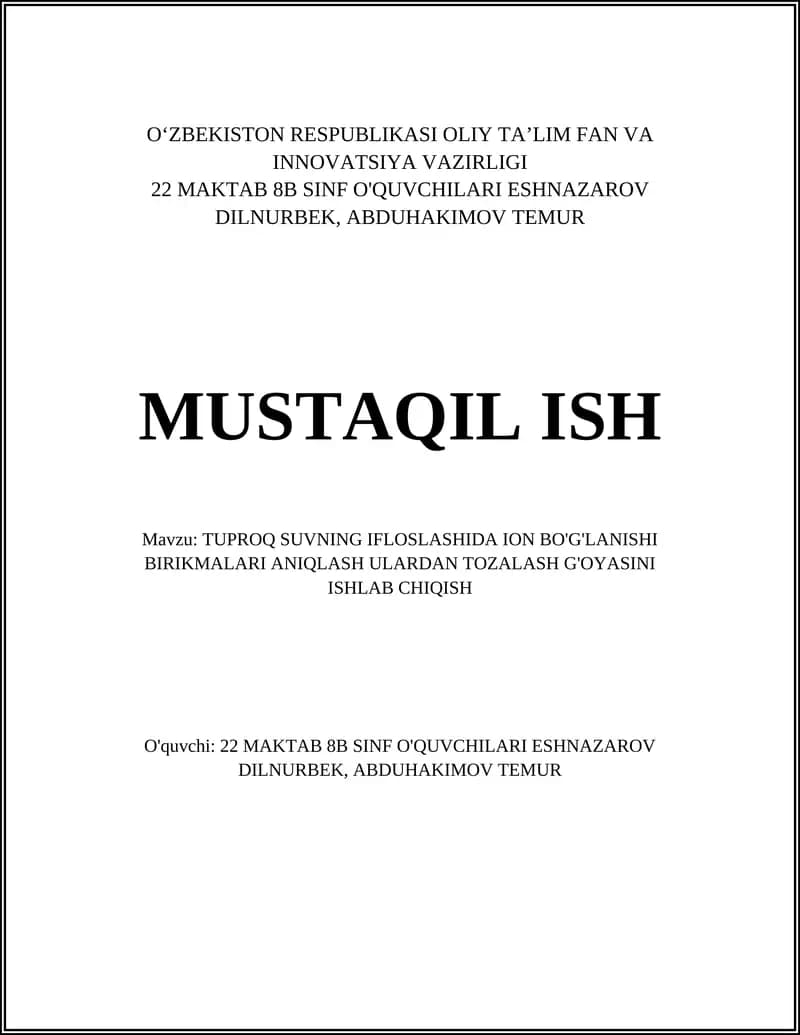 TUPROQ SUVNING IFLOSLASHIDA ION BO'G'LANISHI BIRIKMALARI ANIQLASH ULARDAN TOZALASH G'OYASINI ISHLAB CHIQISH
