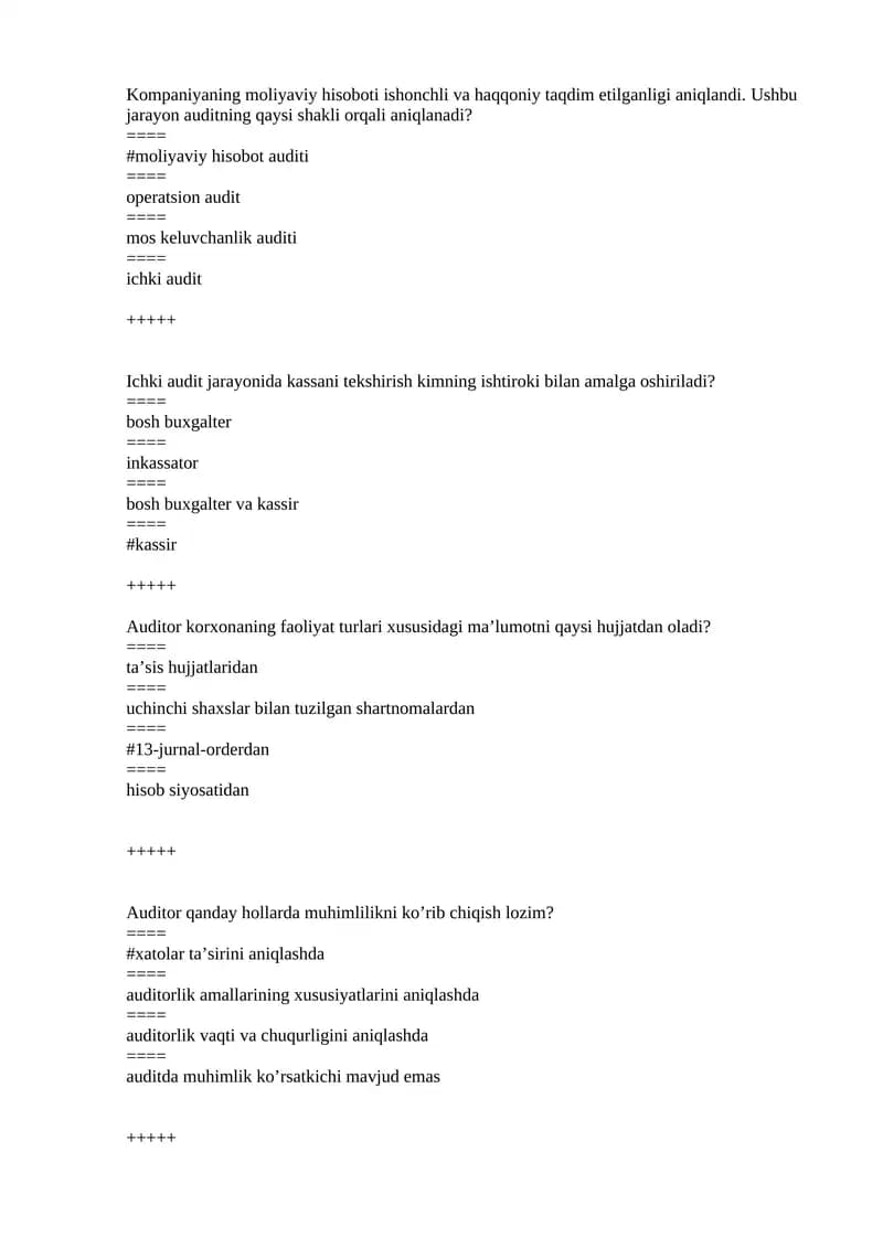 Audit testlar to`liq javoblari bilan.