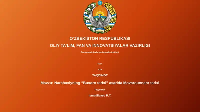 Narshaxiyning “Buxoro tarixi” asarida Movarounnahr tarixi