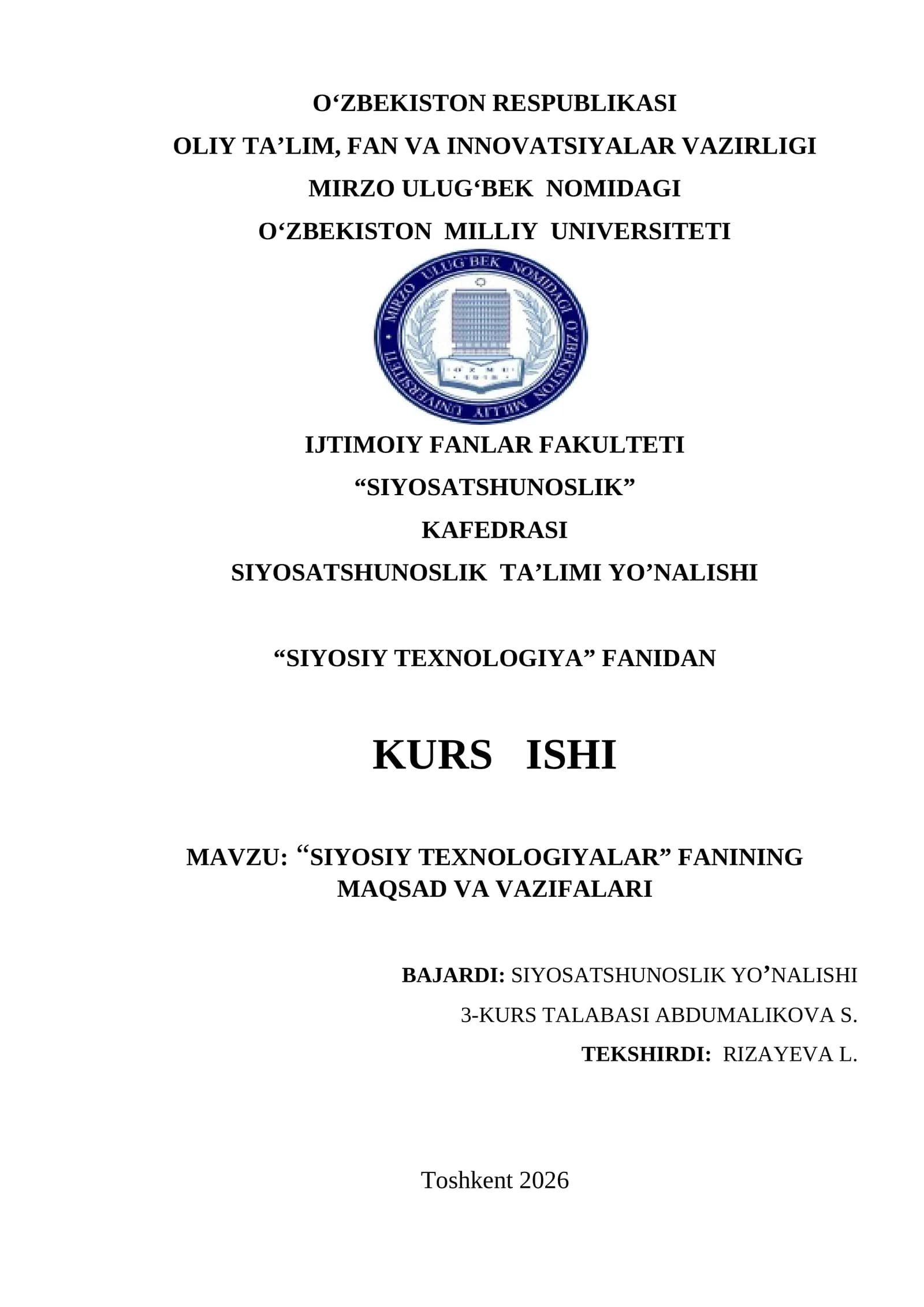 SIYOSIY TEXNOLOGIYALAR” FANINING MAQSAD VA VAZIFALARI
