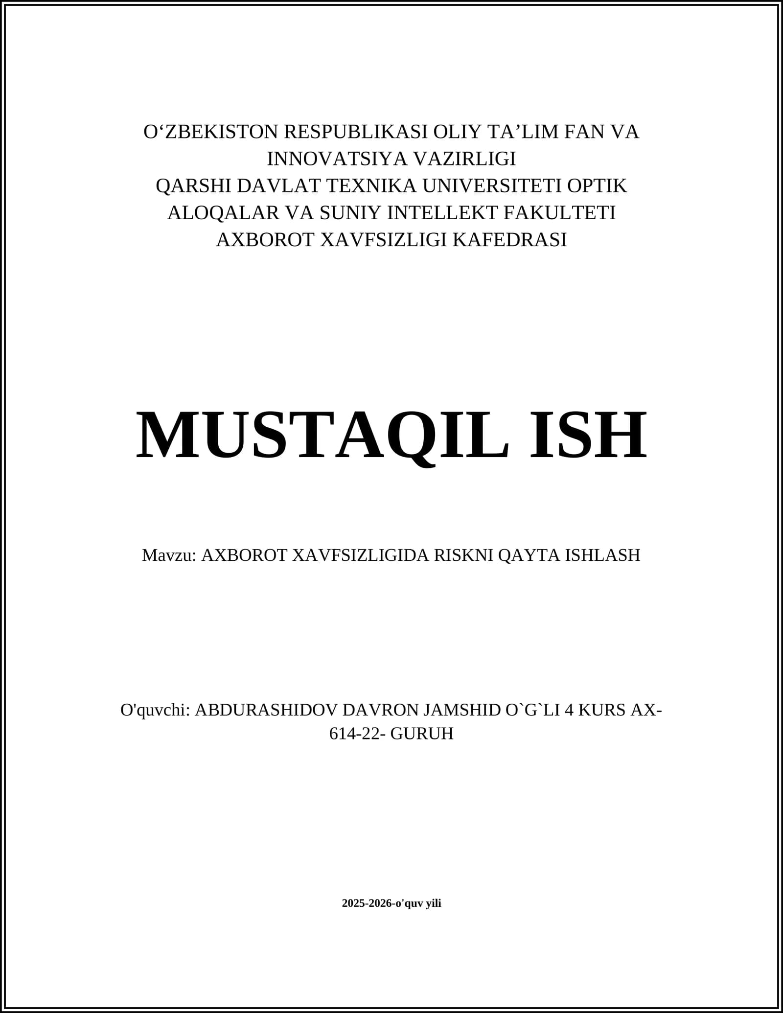 Axborot xavfsizligida risklarni qayta ishlash