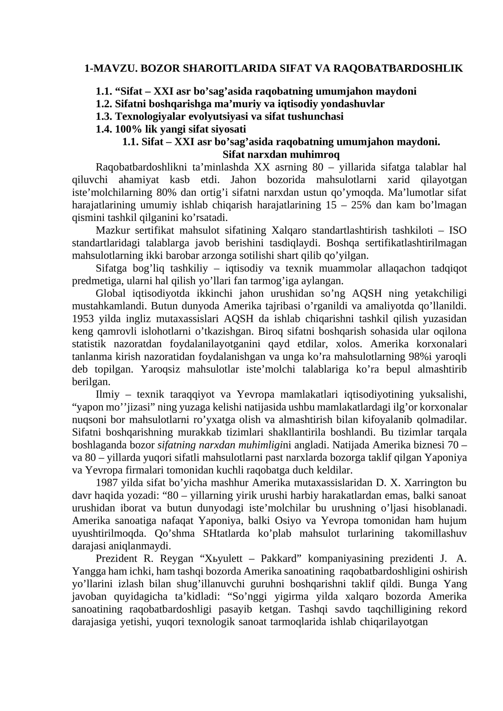 Sifat va Raqobatbardoshlik