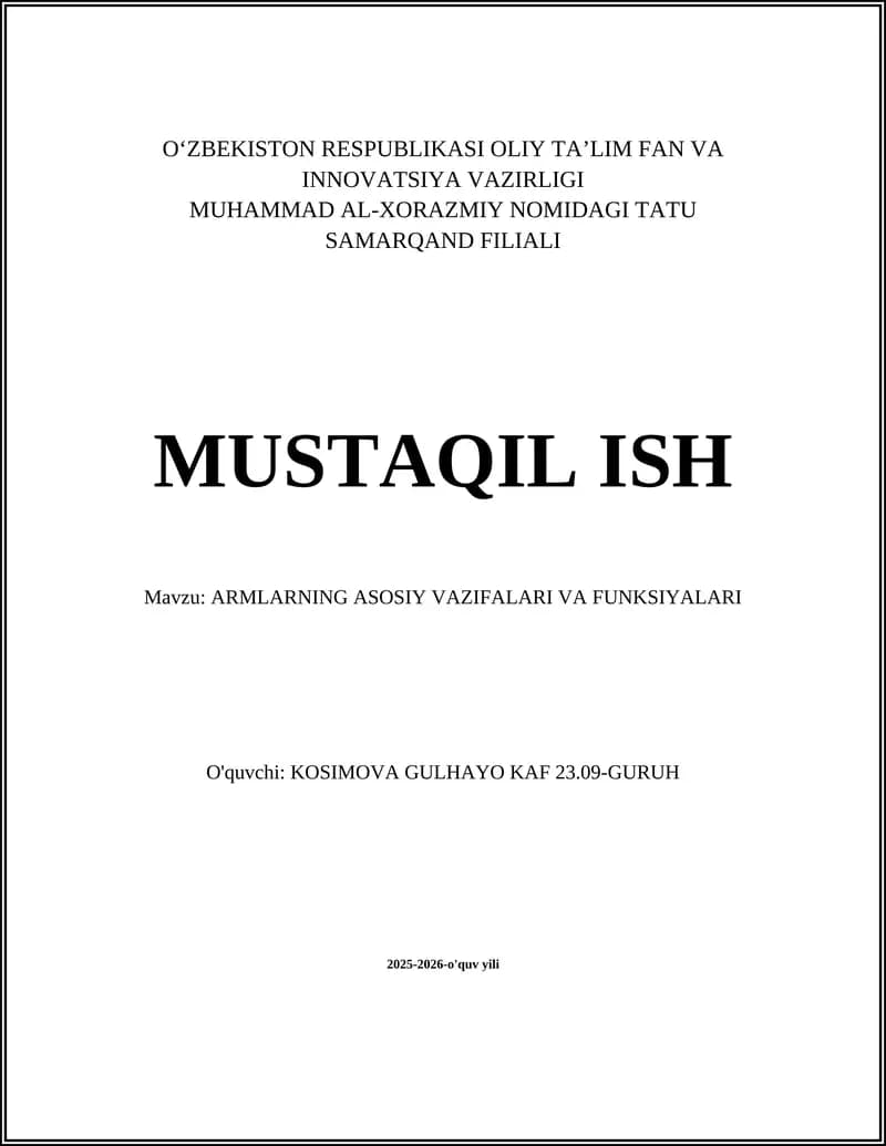 ARMLARNING ASOSIY VAZIFALARI VA FUNKSIYALARI