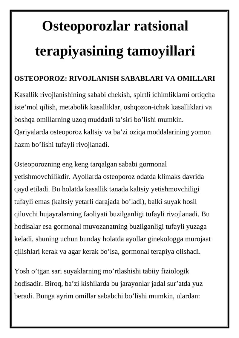 Osteoporozlar ratsional terapiyasining tamoyillari