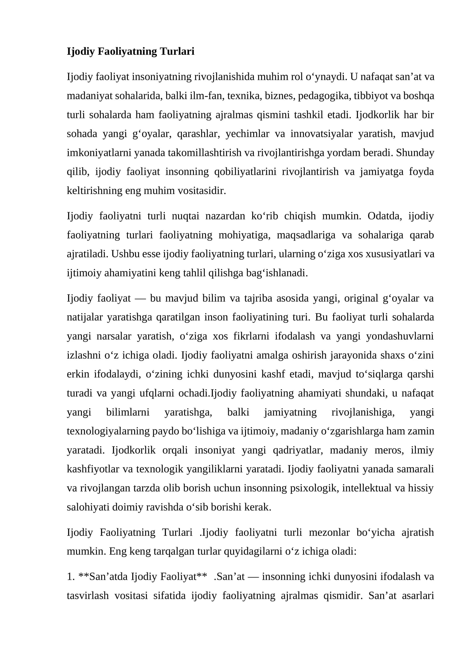 Ijodiy Faoliyatning Turlari