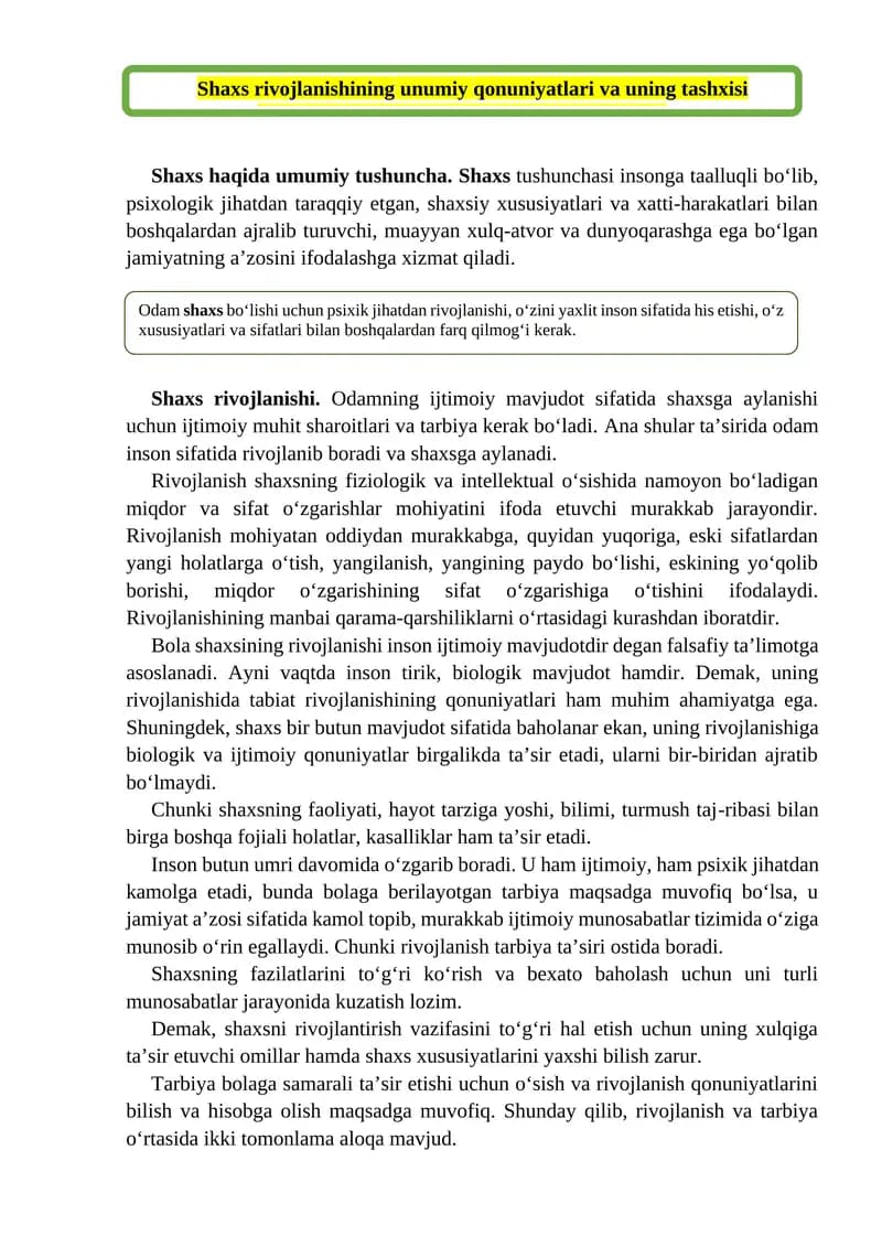 Shaxs rivojlanishining unumiy qonuniyatlari
