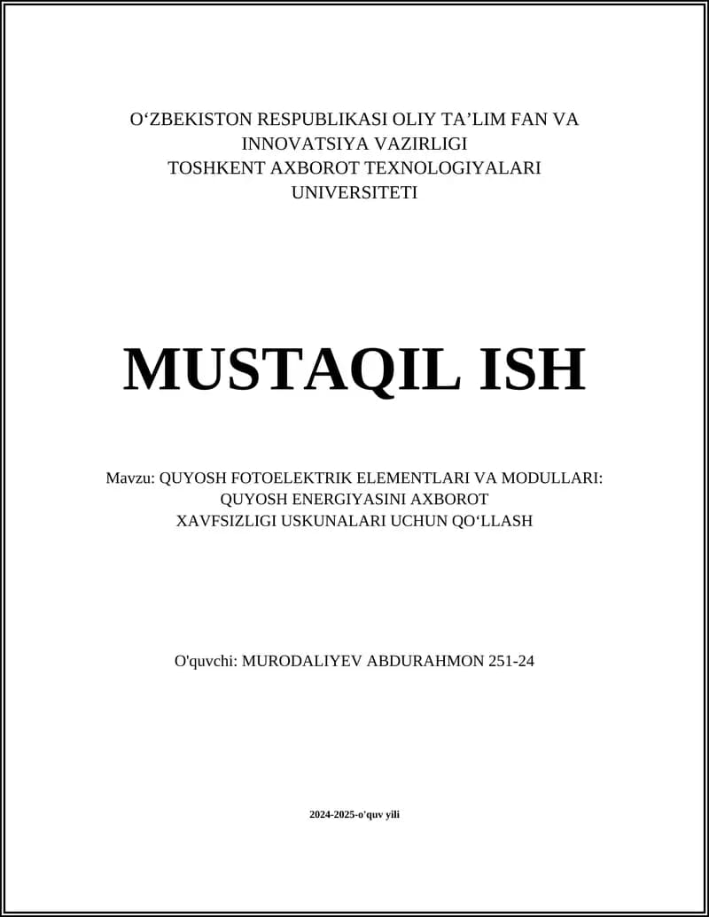 QUYOSH FOTOELEKTRIK ELEMENTLARI VA MODULLARI