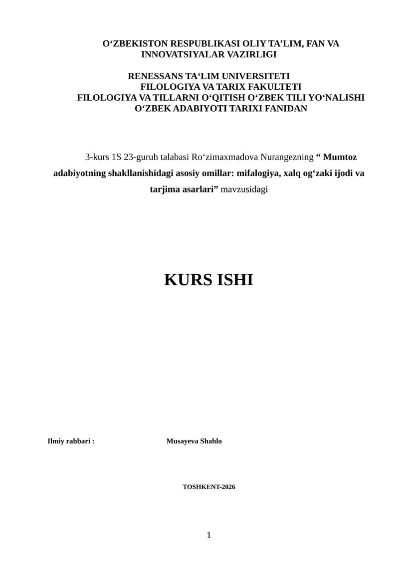 Mumtoz adabiyotning shakllanishidagi asosiy omillar: mifalogiya, xalq og‘zaki ijodi va tarjima asar