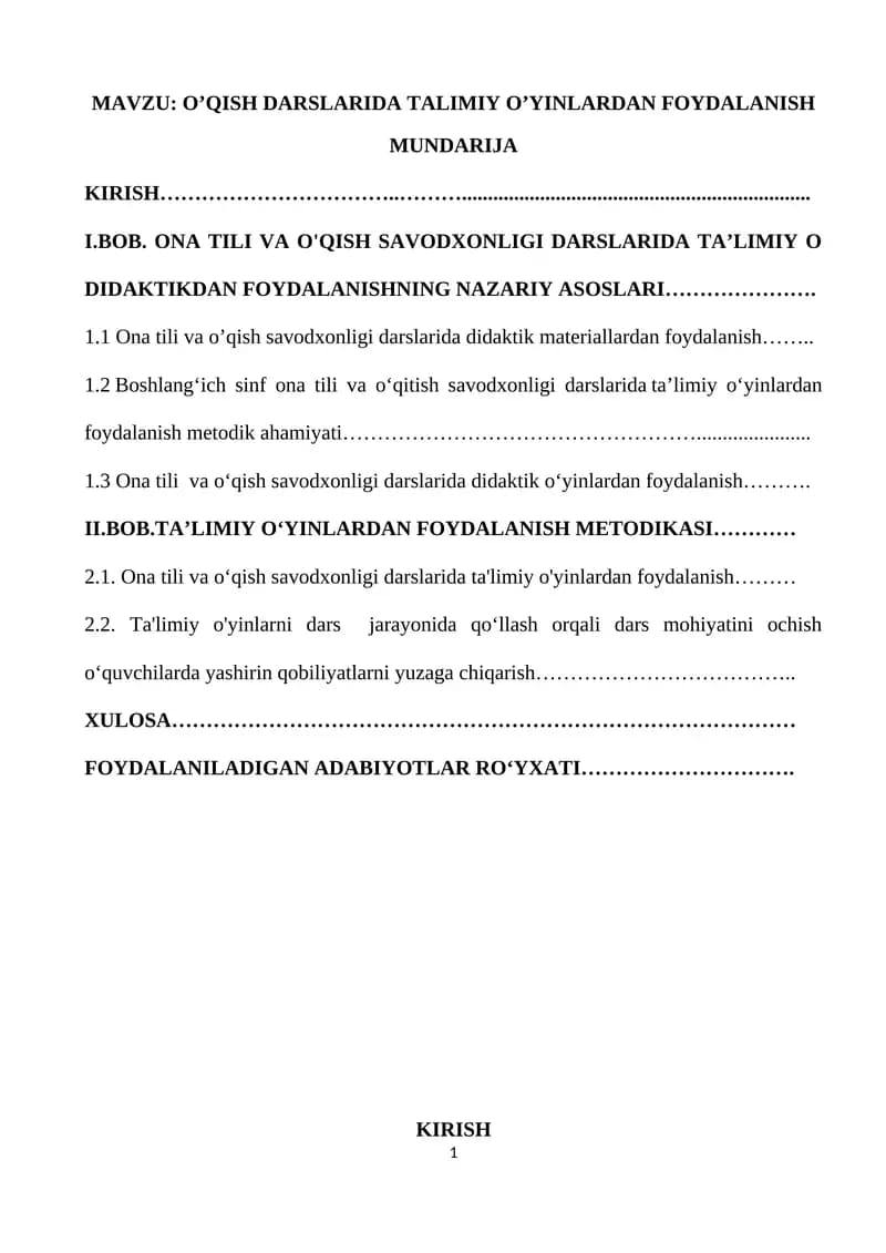 O’QISH DARSLARIDA TALIMIY O’YINLARDAN FOYDALANISH