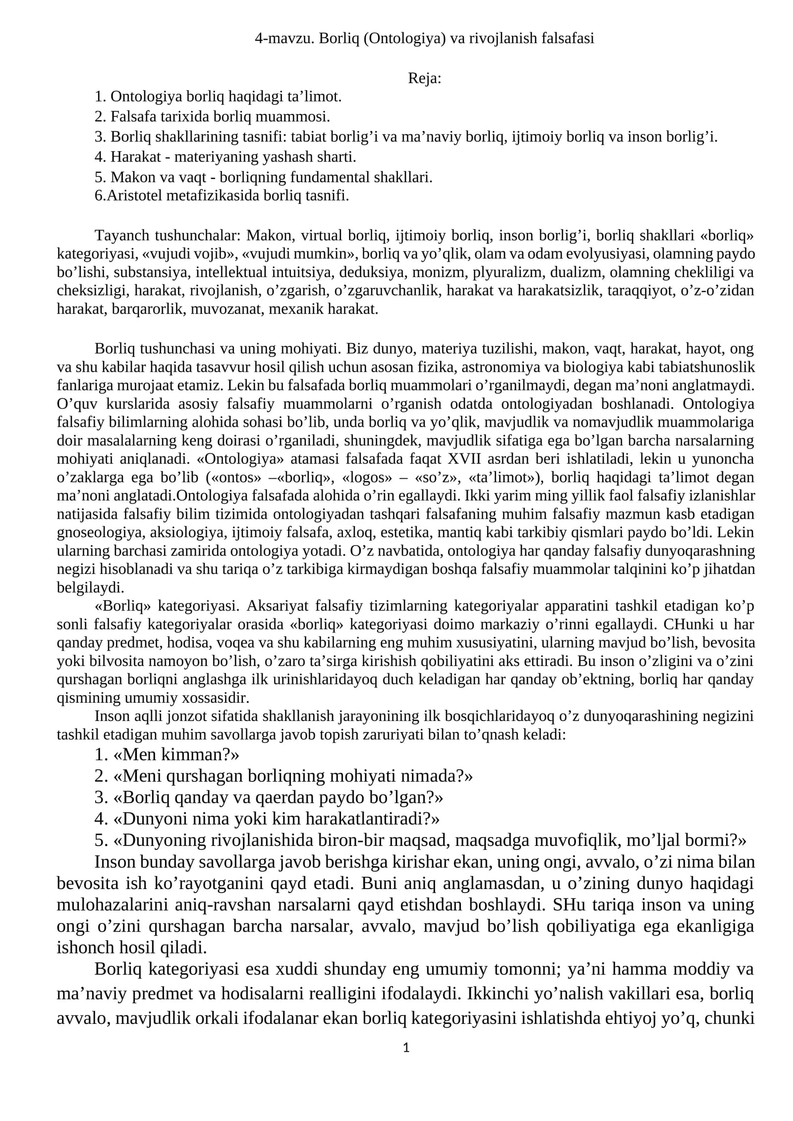 4-mavzu. Borliq (Ontologiya) va rivojlanish falsafasi