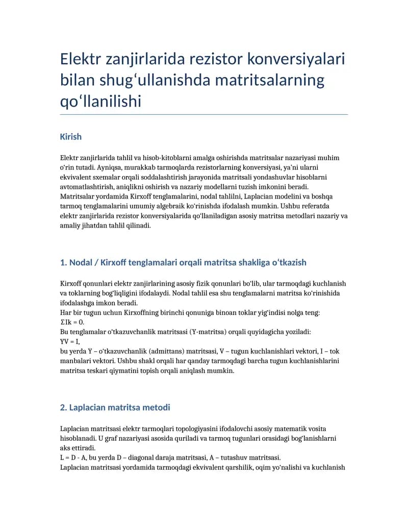 Elektr zanjirlarda rezistor konversiyalari bilan shug'ullanishda matritsaning qo'llanilishi