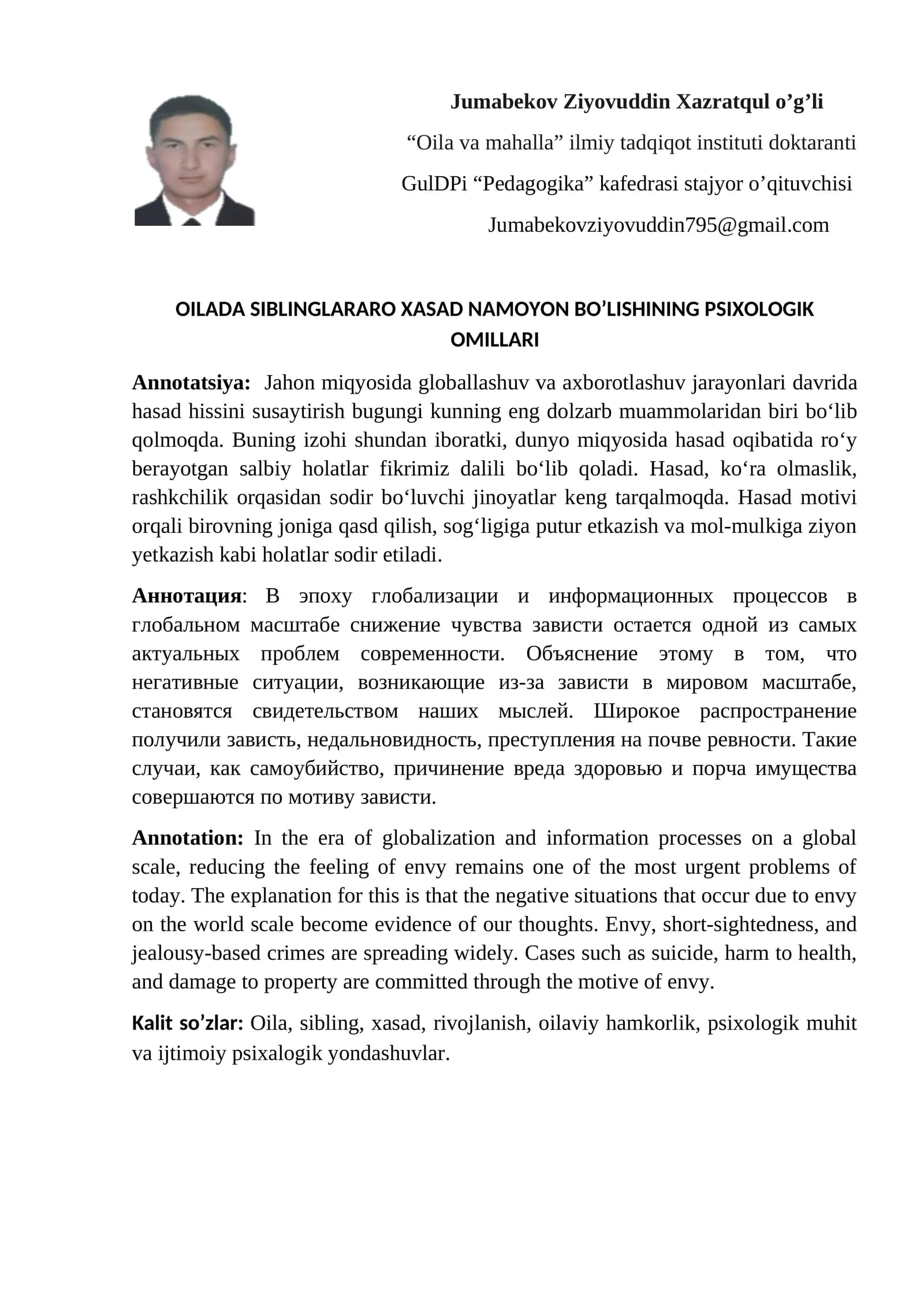 OILADA SIBLINGLARARO XASAD NAMOYON BO’LISHINING PSIXOLOGIK OMILLARI