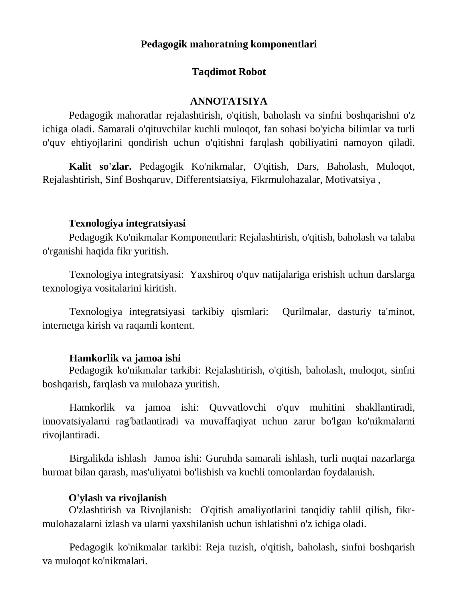 Pedagogik mahoratning komponentlari