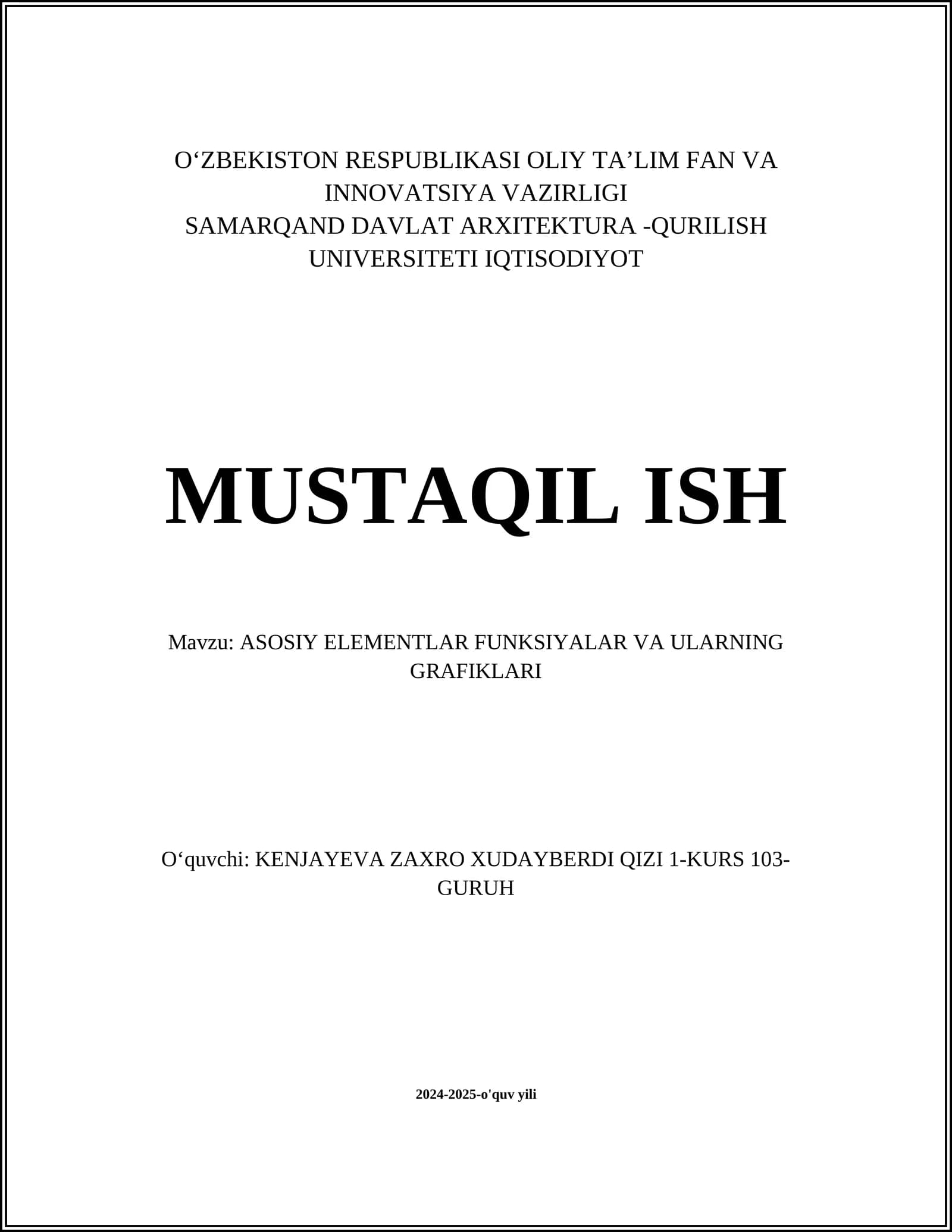 ASOSIY ELEMENTLAR FUNKSIYALAR VA ULARNING GRAFIKLARI
