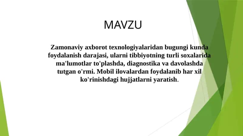 Zamonaviy axborot texnologiyalaridan bugungi kunda foydalanish darajasi, ularni tibbiyotning turli soxalarida ma'lumotlar to'plash