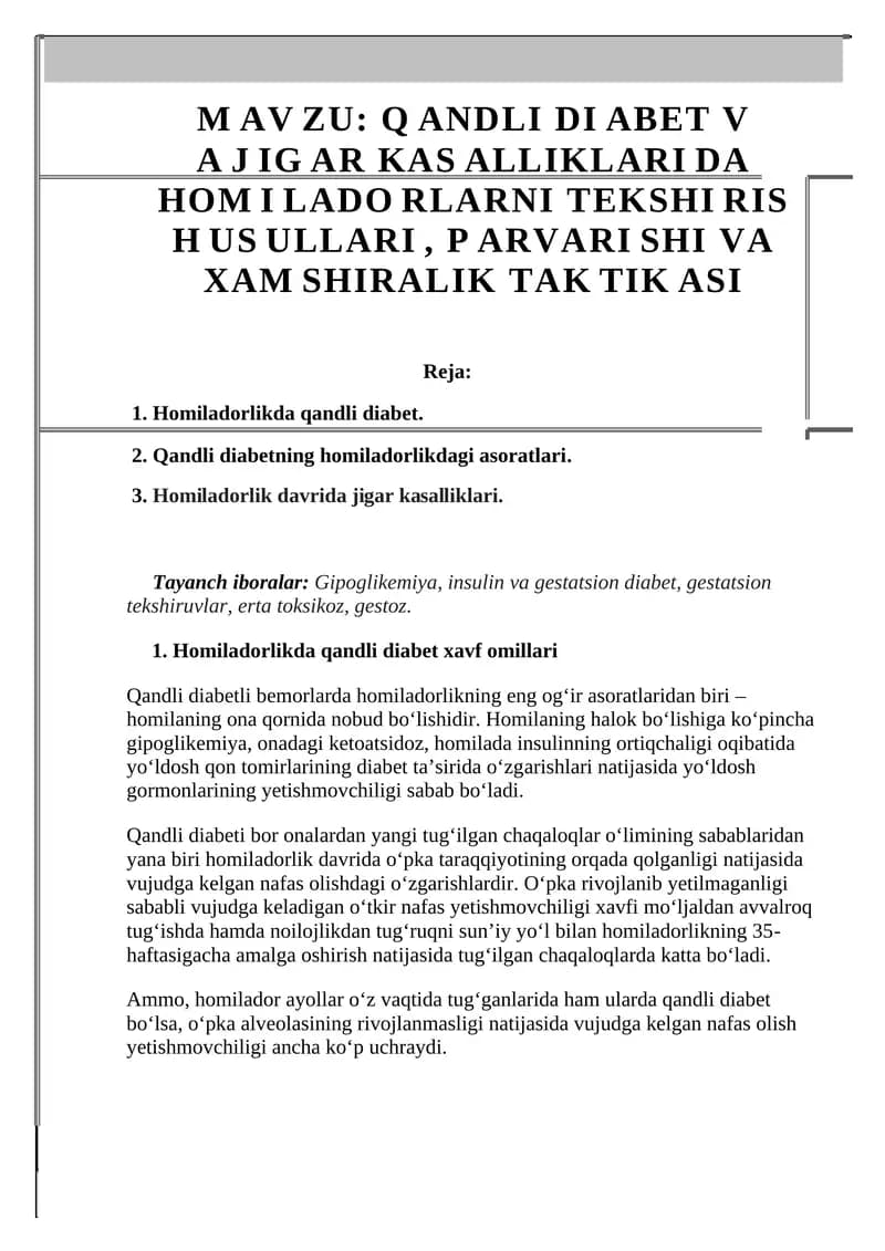 Homiladorlikda qandli diabet va jigar kasalliklari