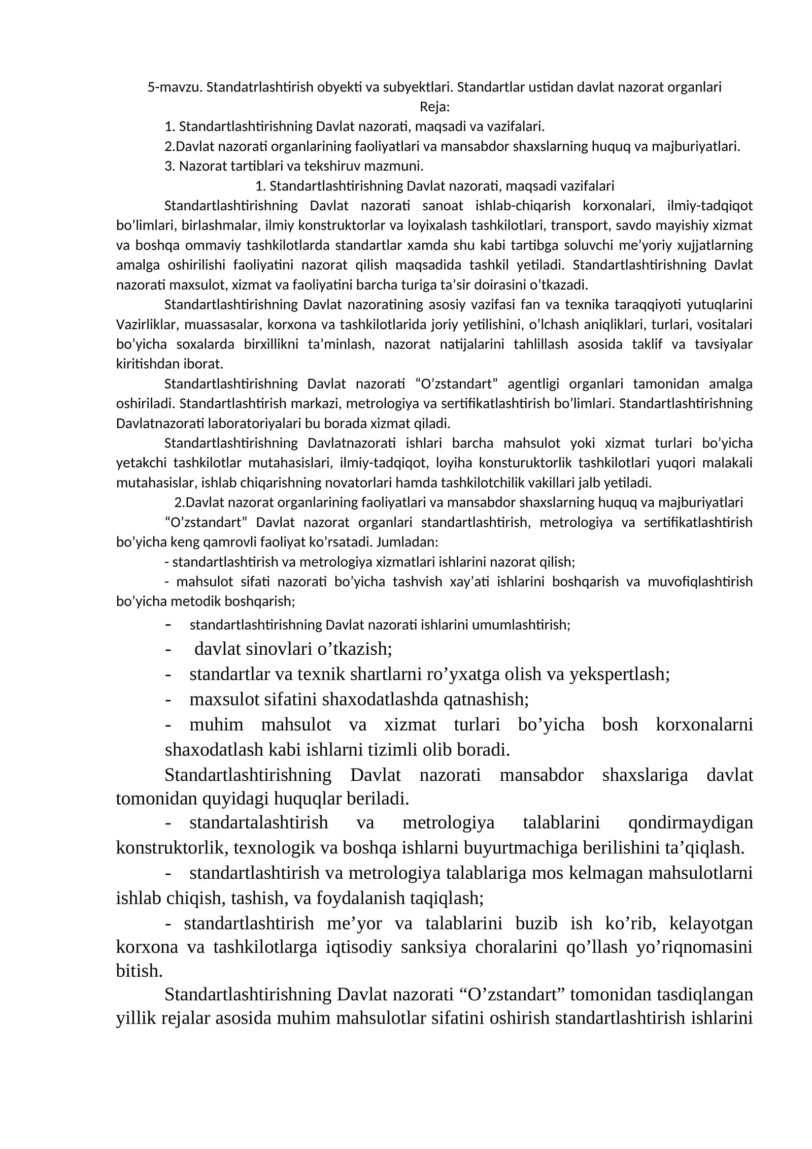 Standartlashtirish obyekti va subyektlari