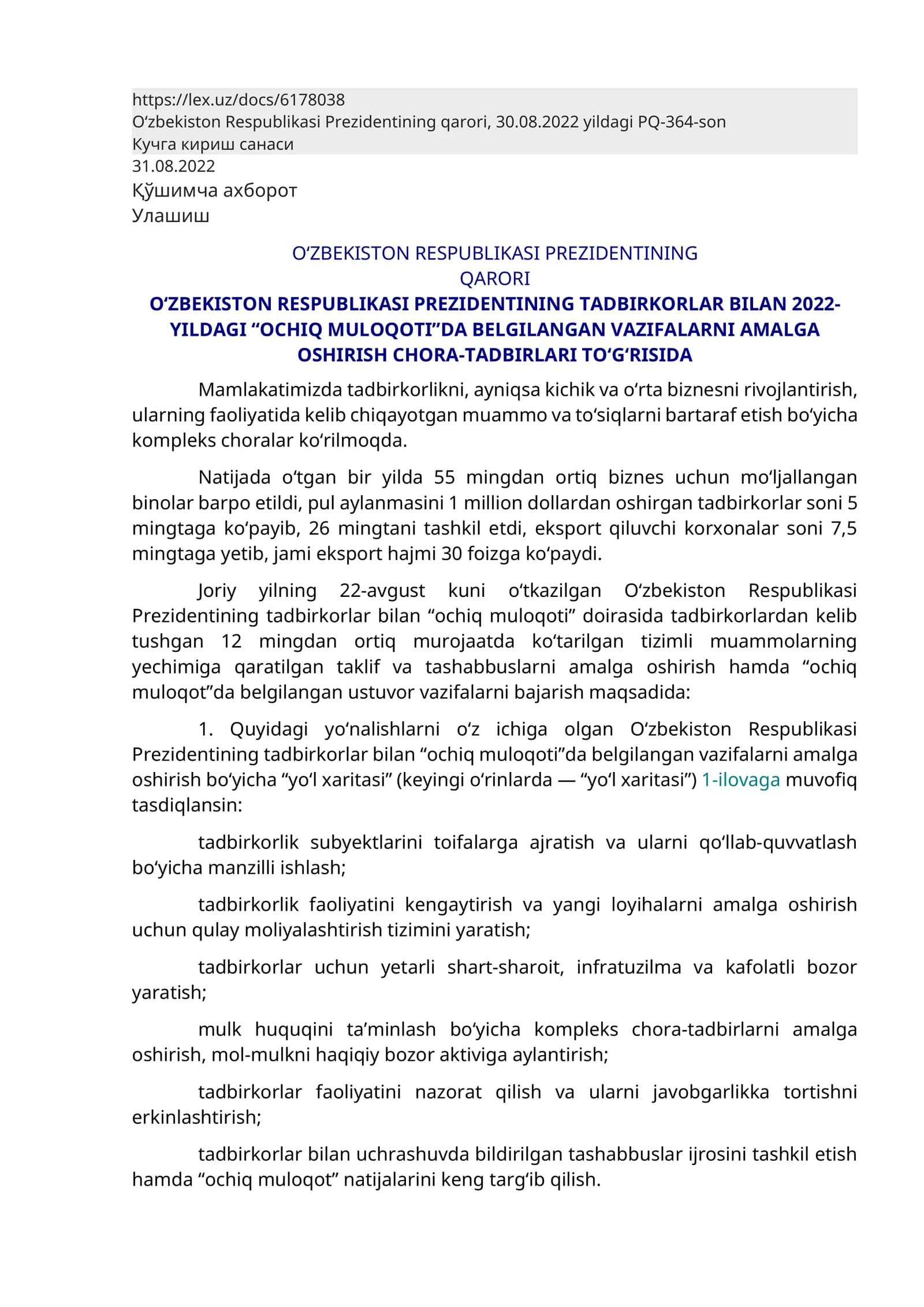 O‘ZBEKISTON RESPUBLIKASI PREZIDENTINING TADBIRKORLAR BILAN 2022-YILDAGI “OCHIQ MULOQOTI”DA BELGILANGAN VAZIFALARNI AMALGA OSHIRISH CHORA-TADBIRLARI TO‘G‘RISIDA