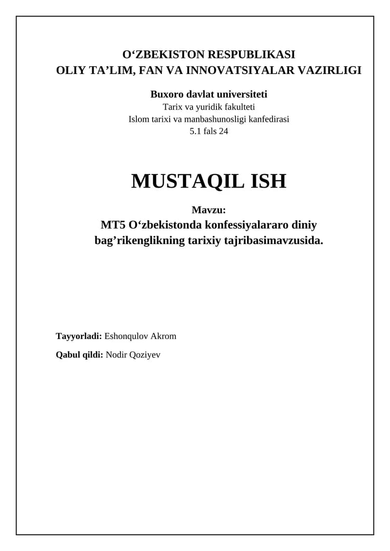MT5 O‘zbekistonda konfessiyalararo diniy bag’rikenglikning tarixiy tajribasimavzusida