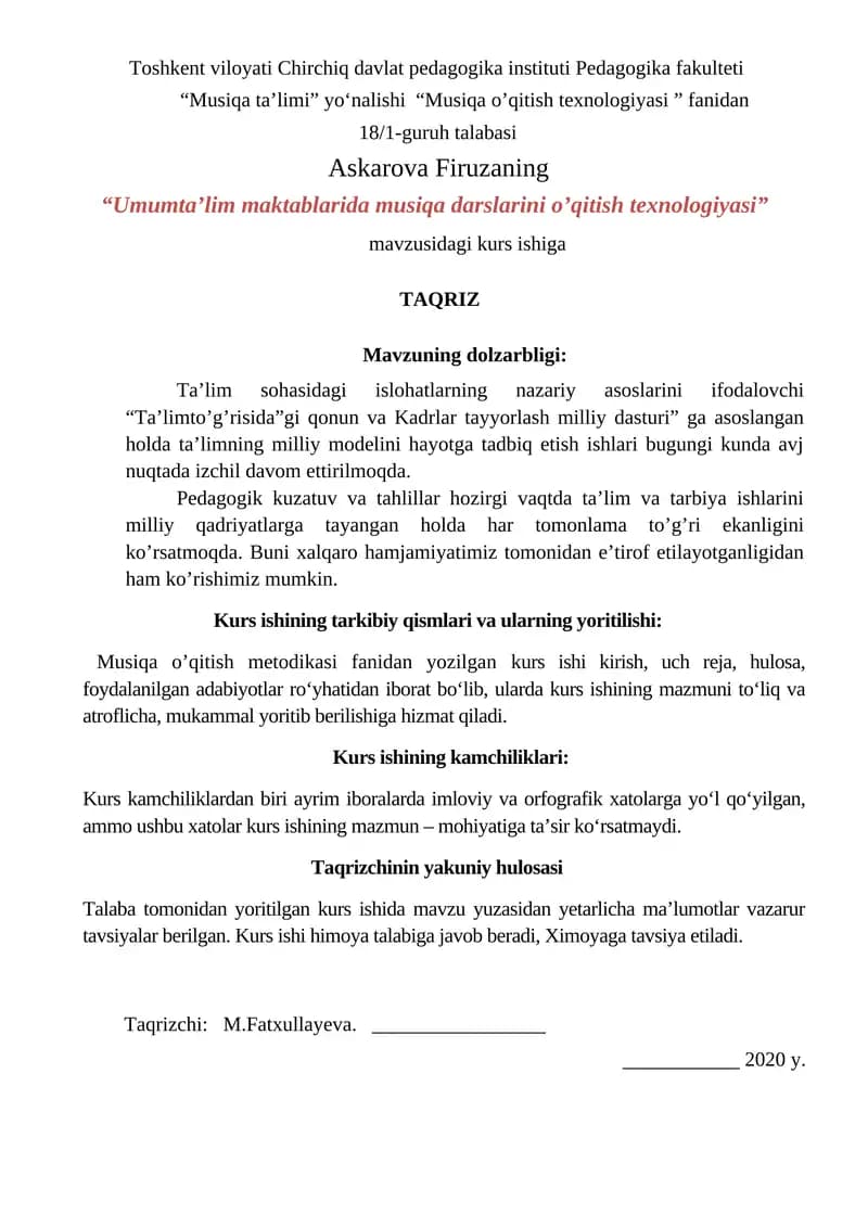 Umumta’lim maktablarida musiqa darslarini o’qitish texnologiyasi