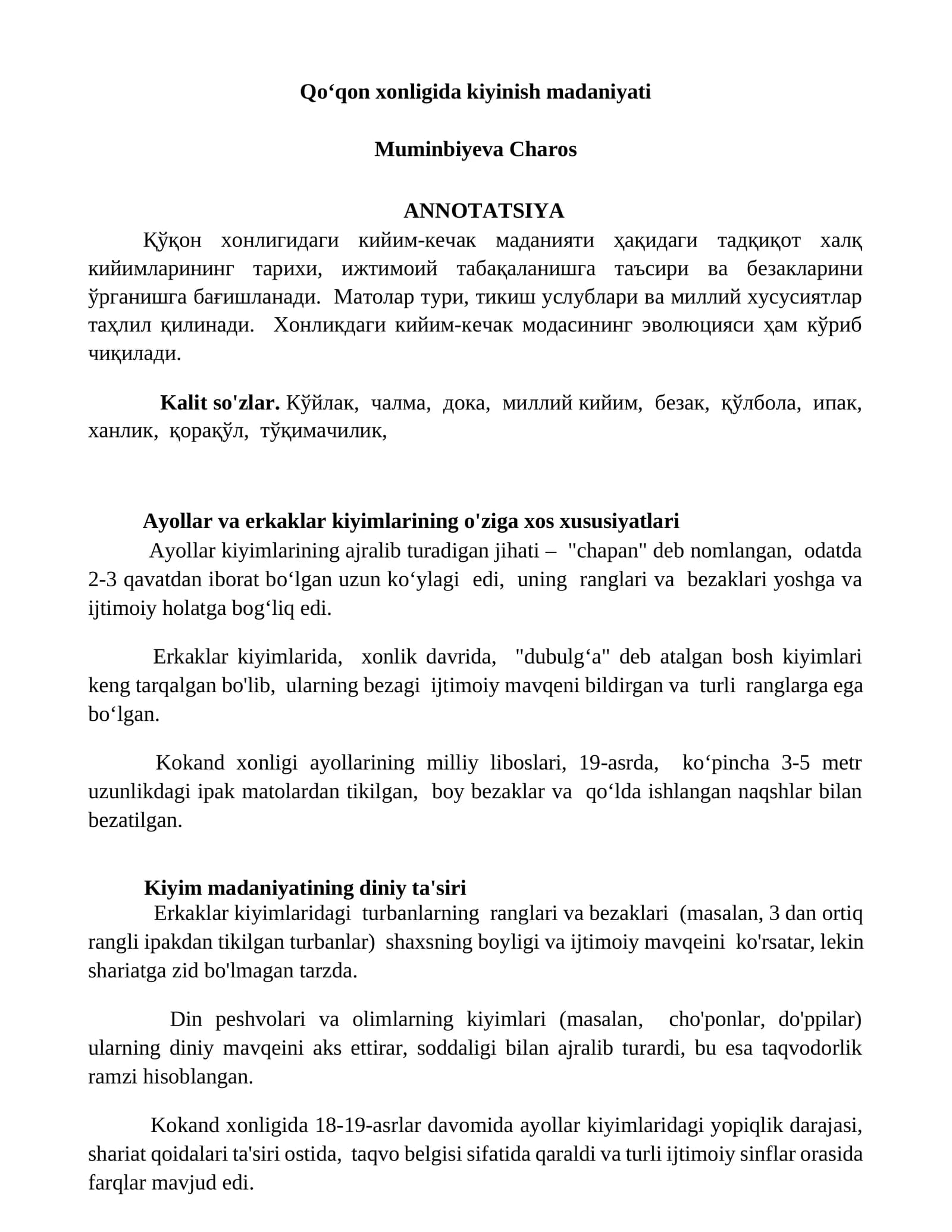 Qo‘qon xonligida kiyinish madaniyati