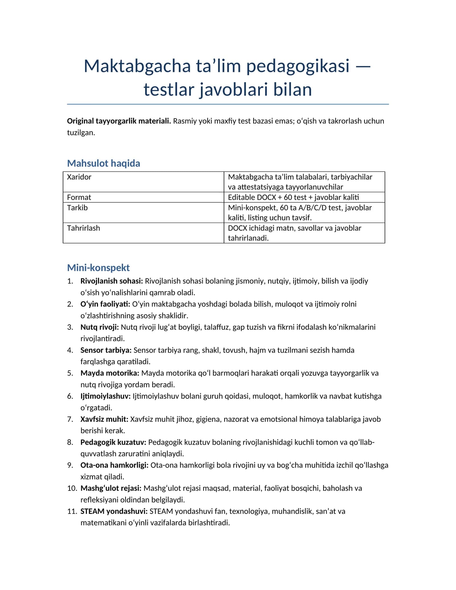 Maktabgacha ta’lim pedagogikasi — testlar javoblari bilan