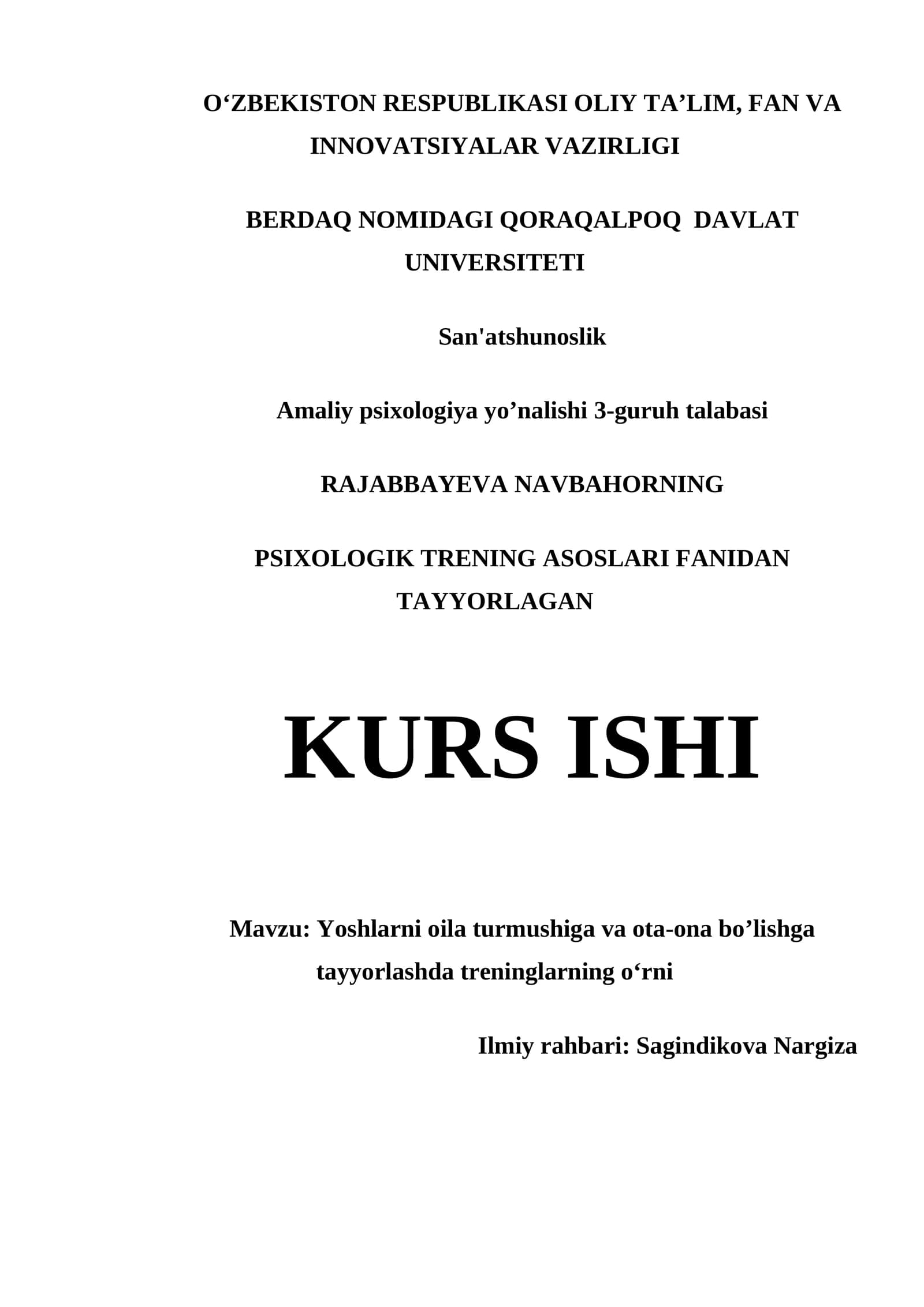 YOSHLARNI OILA TURMUSHIGA VA OTA-ONA BOʼLISHGA TAYYORLASHDA TRENINGLARNING OʻRNI