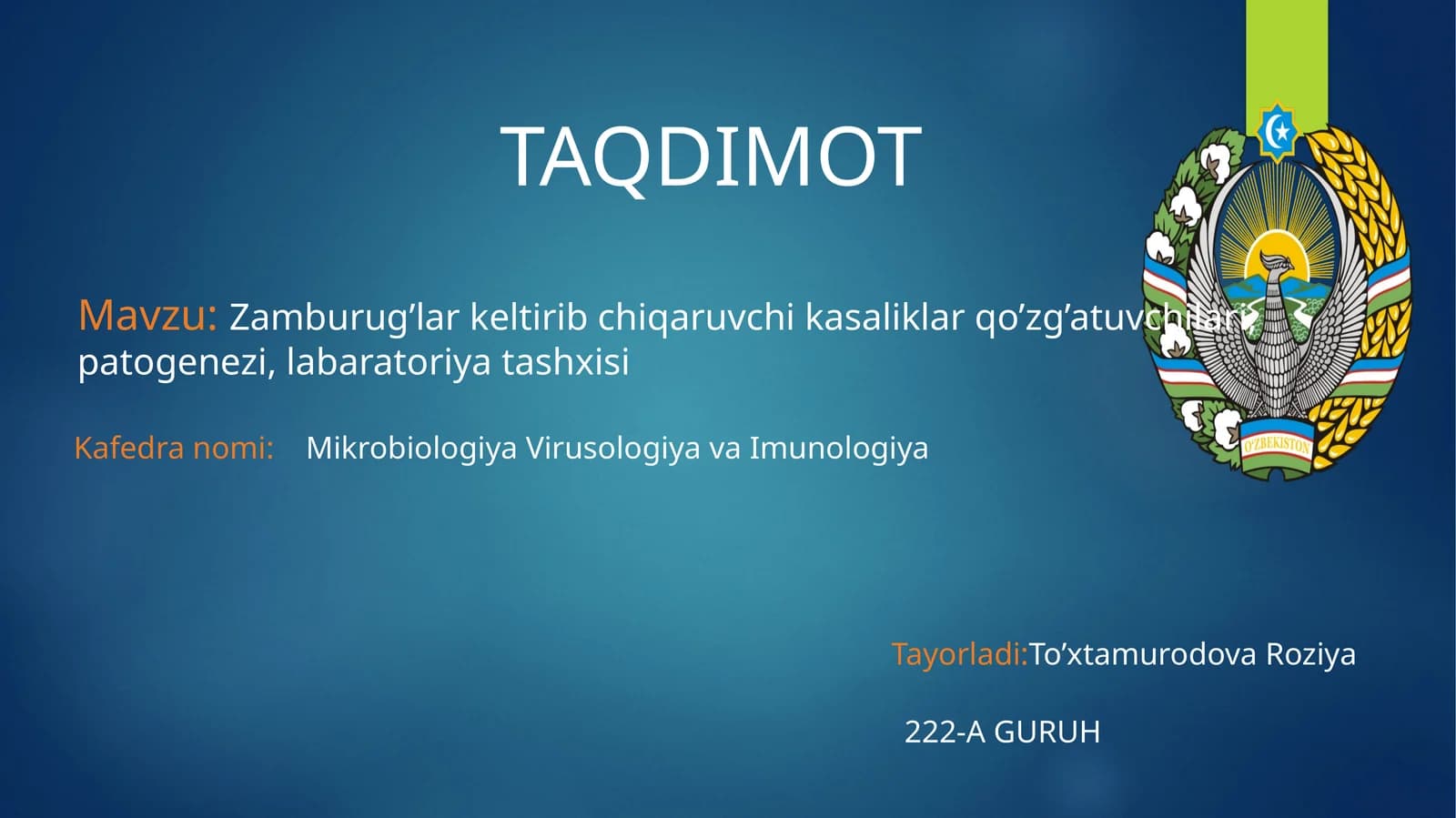 Zamburug’lar keltirib chiqaruvchi kasaliklar qo’zg’atuvchilari, patogenezi, labaratoriya tashxisi