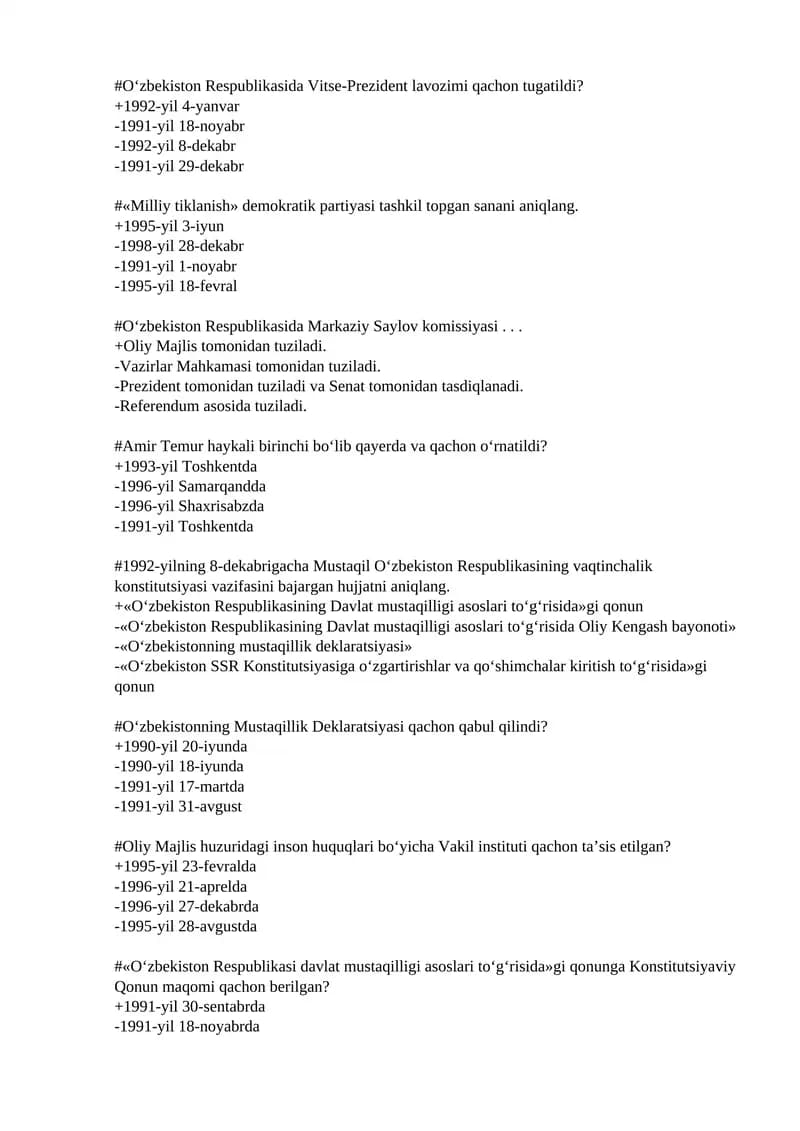 O'zbekistonning eng yangi tarixi fanidan test savollari