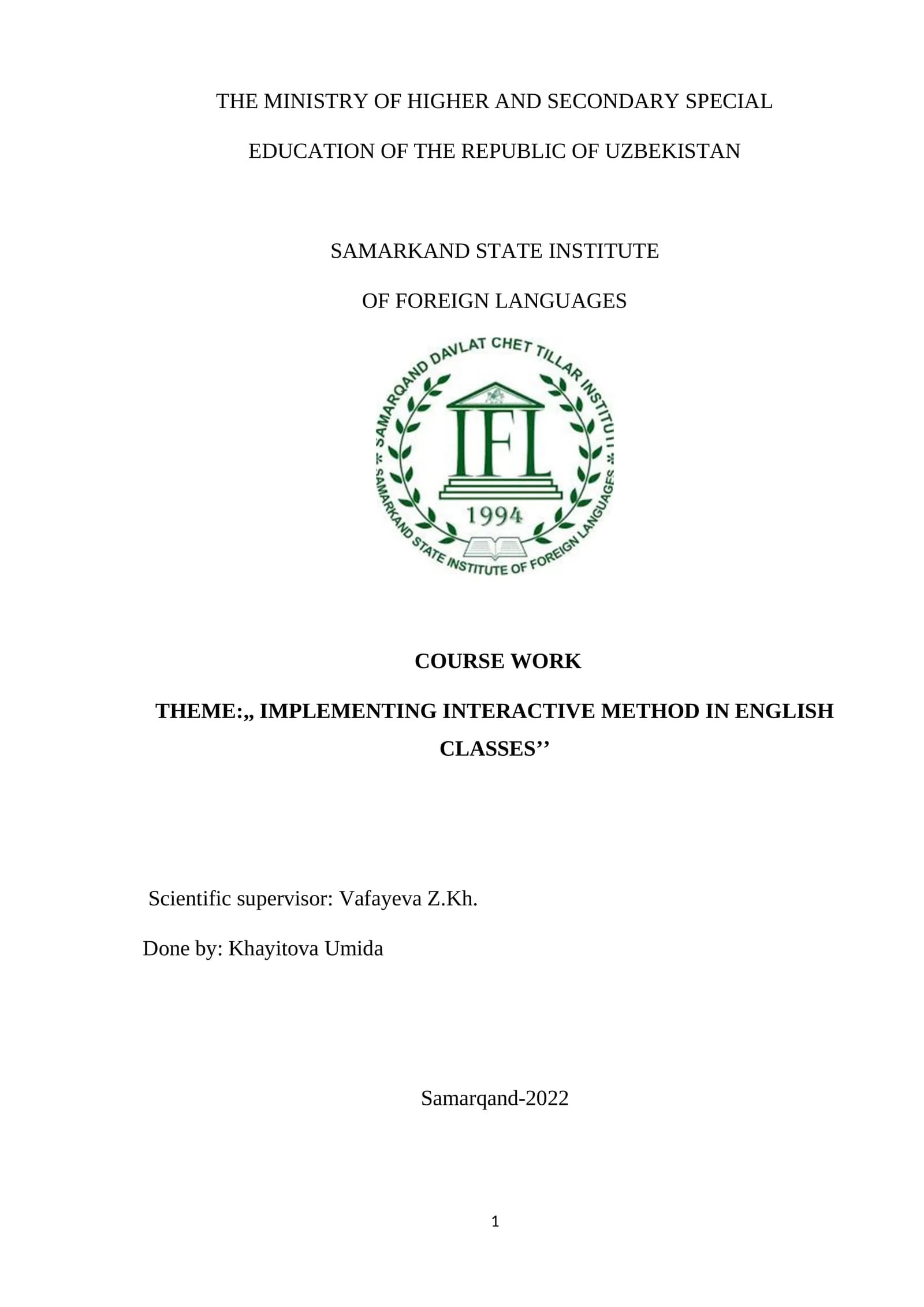 Course work on Implementing Interactive Method in English classes